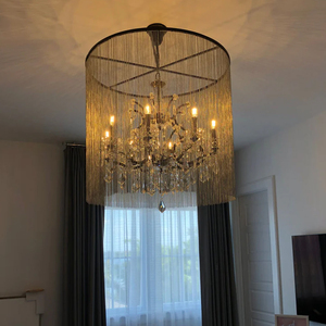 Lámpara colgante moderna de malla cilíndrica con cuentas de cristal, cadena ajustable, para decoración de hogar de lujo. - Product Image 2