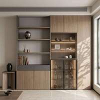 Bibliothèque murale personnalisée avec vitrines intégrées, porte en verre, éclairage d'ambiance, rangement dissimulé pour bureau à domicile moderne