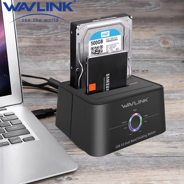 Wavlink Dual Bay SATA USB3.0 External Hard Drive Docking Station 2.5/3.5inch HDD/SSD Plastic 2x16TB Offline Clone/UASP Functions