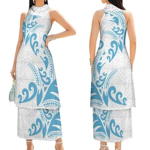 new design samoa puletasi tattoo pattern women's sleeveless dress white & light blue elegant casual dress for women quality