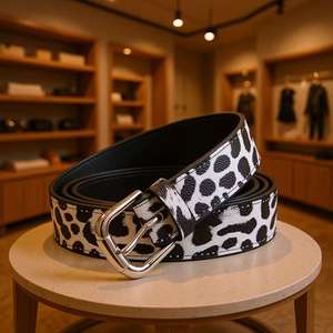 ホットセール　クリエイティブ　レディースメンズ　細ベルト　ファッションデニム装飾　レトロPUベルト　幅2.5cm　牛革風　黒白　レオパード柄ベルト - Product Image 1