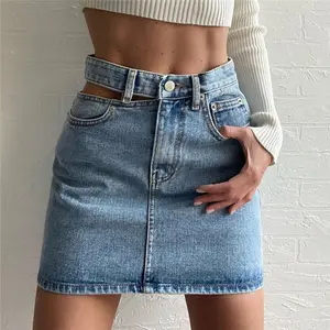 Groothandel Vrouwen Custom Belted Mini Denim Rok Asymmetrische Jean Rokken Voor Dames