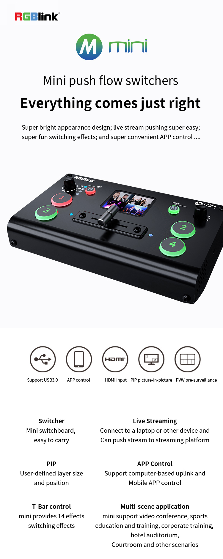 RGBlink Mini/Mini pro Video Switcher 4 Channel Input Output USB 3.0 T-Bar Switch Support PC and APP control For Live Streaming