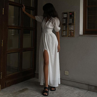 Damenkleid mit Tiefem V-Ausschnitt und Puffärmeln, Langes Kleid mit Hohem Schlitz, Einfarbiges Partykleid für Abendveranstaltungen, Elegantes Sommerkleid, Großhandel, Maßanfertigung OEM