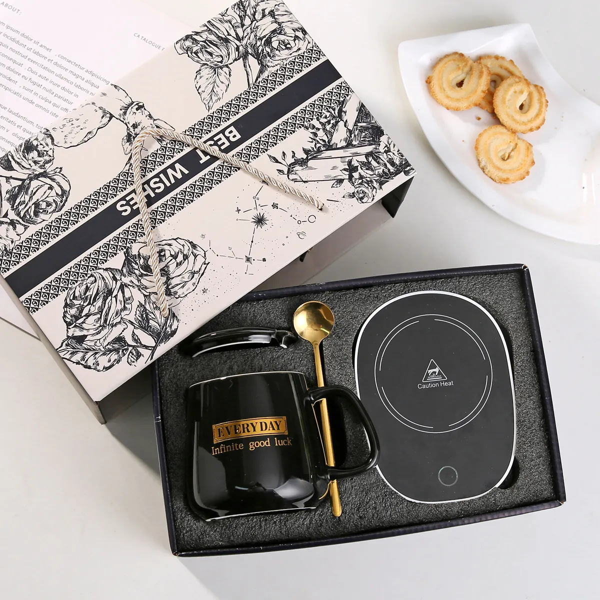 Individuelles elektrisches USB-Selbstheizung-Temperaturregelung Keramik Kaffee Tee Geschenk Smart Tasse Heizung und Wärmer Set Hochzeitsgeschenkset