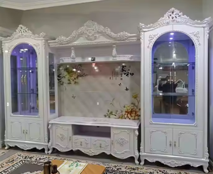 Ensemble Meuble <span class=keywords><strong>TV</strong></span> Classique Élégant Blanc, Dessus Décoratif avec Vitrine à Porte en Verre - Product Image 1