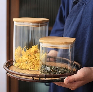 Toples penyimpan kaca dengan tutup bambu, toples penyimpanan makanan bening untuk kue Pasta tepung nasi teh biji kopi - Product Image 3
