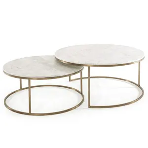 Mesa de chá redonda moderna para sala de estar, deck duplo redondo em aço inoxidável dourado, perna em mármore