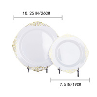 200 Assiettes jetables en plastique blanc doré vintage, 10 pouces pour le dîner et 7,25 pouces pour le dessert, assiettes rondes pour mariage, pour 100 invités