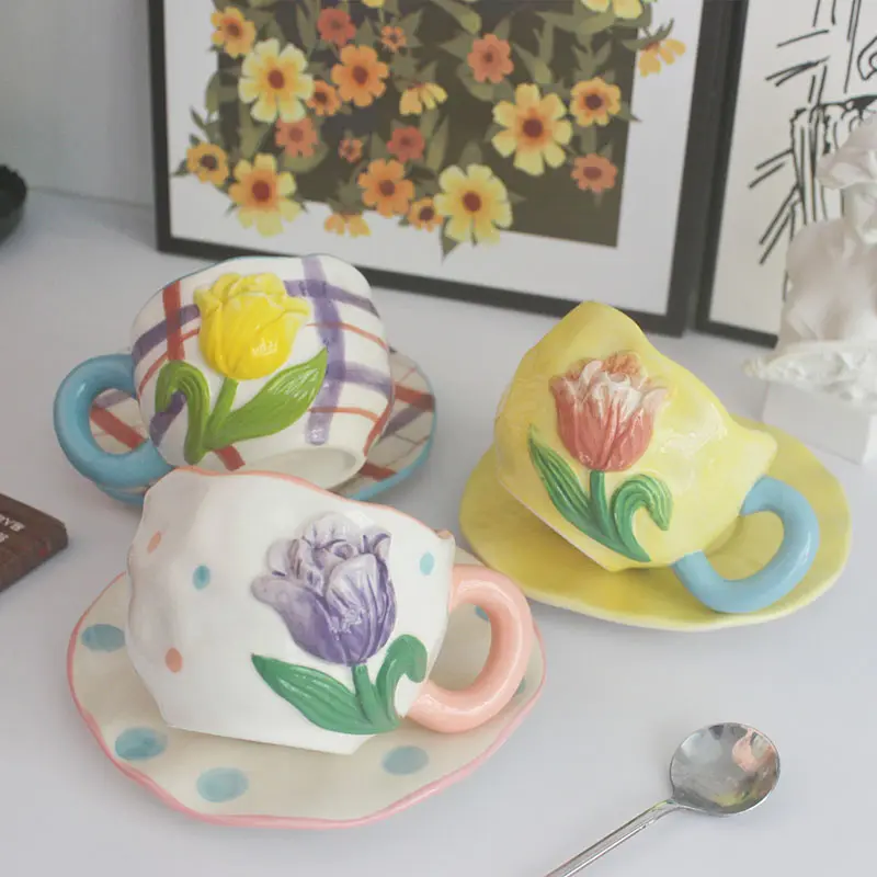 Factory direct sell Ins Hand pinched irregular coffee cup and saucer hand-painted underglazed color flower ceramic mug