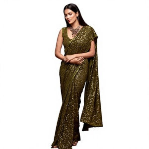 Sari de Georgette Verde Oliva al por Mayor con Lentejuelas Completas y Bordados, Traje Tradicional Indio de Lujo para Cóctel, Fiesta y Boda - Product Image 1