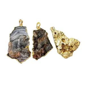 Wholesale Jewellery High Quality Natural Gemstone Pendant Gold Edge Irregular Agate Galaxy Druzy Pendant for Necklace Earrings