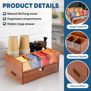 Organisateur de station à <span class=keywords><strong>café</strong></span> en bois, boîte à sachets de thé, support pour dosettes K-Cup, tiroir de rangement, accessoires de bar à <span class=keywords><strong>café</strong></span> rustiques pour comptoir - Product Image 3