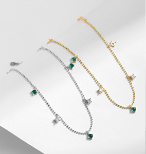 S925 Silver Chain <b>Bracelet</b> With Green Crystal And Diamond Star Charms Minimalist Everyday Wear Women's Jewelry - Product Image 3
