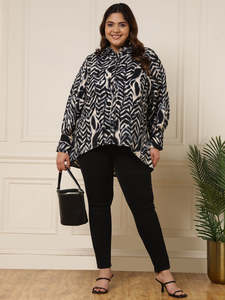 Chemisier classique pour femme en popeline et georgette à imprimé géométrique, col boutonné, manches longues, style occidental estival - Product Image 1