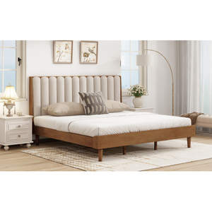 King Size Solid Wood <b>Bed</b> with Piano Key Upholstered Headboard Durable <b>Pine</b> <b>Frame</b> Wheat Finish Modern Bedroom Furniture - Product Image 6