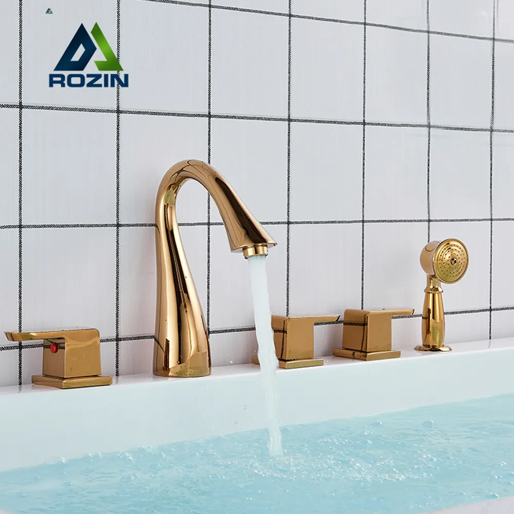Rozin Golden 5 PCS อ่างอาบน้ำก๊อกน้ำพร้อมฝักบัวอาบน้ำ Hand ชุดห้องน้ำ Rainfall Held Mixer Tap