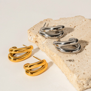 Boucles d'oreilles à clous en forme de C creuses à double couche, en alliage de zinc, couleur or et argent, bijoux tendance pour femmes - Product Image 3