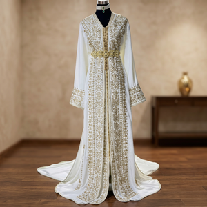 Elegant <b>White</b> Embroidered Silk Abaya V Neck Long Sleeve Floor Length Floral Pattern <b>Wedding</b> Women Middle East Loose Fit Straight - Product Image 2