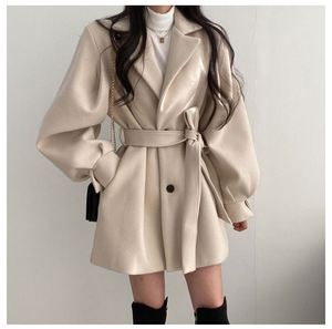 Manteau décontracté pour femme automne-hiver, style coréen, col tailleur, manches bouffantes, couleur unie, boutonné, coupe ajustée et ample, avec ceinture - Product Image 4