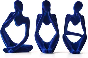 FJS Living Room Decor, Flocked Thinker Statue, Navy Blue Abstract Art Sculpture, for Home Office Shelf Table ation, Set of 3