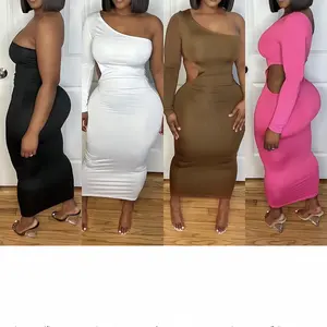 Mode Elegante Goedkope Vrouwen Jurk Uitgehold Één Schouder Lange Enkele Mouw Maxi Jurken Casual Lange Bodycon Skinny Jurken