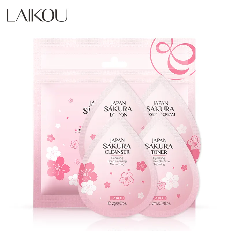 LAIKOU — ensemble de soins pour la peau Sakura, 4 pièces, 2g, nettoyant en profondeur, hydratant, tonique, réparatrice, Lotion Anti-vieillissement pour le visage