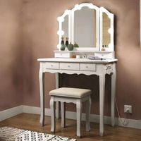 Ensemble coiffeuse de maquillage vintage avec ports USB et ampoules LED Coiffeuse avec miroir à trois volets Crochets et tabouret pour collier pour filles