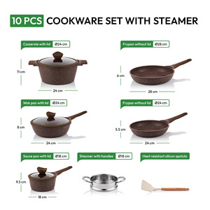 Batterie de cuisine à induction 10 pièces antiadhésive pour tous les poêles 24/28 cm avec couvercle <span class=keywords><strong>sans</strong></span> <span class=keywords><strong>PFOA</strong></span> et <span class=keywords><strong>PTFE</strong></span> aluminium granit enduit - Product Image 2