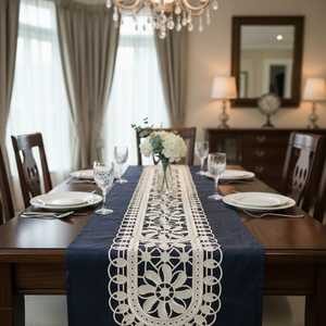 Chemin de table en chenille brodé ovale blanc élégant motif de défilement et de cœur victorien pour un usage domestique décoratif - Product Image 1