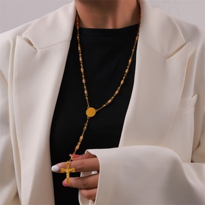 Collar de cadena con cuentas retro, chapado en oro, de acero inoxidable, con colgante ovalado de la Virgen María y cruz, tipo rosario, para mujeres y hombres - Product Image 4
