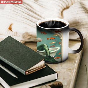 Taza de Cerámica Negra Esmerilada de 11 oz, Taza Sensible al Calor con Diseño de Sirena, Pintura Plana 2D - Product Image 3