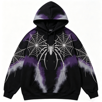Hoodie Pria Oversize Gothic Motif Laba-laba Berhias Rhinestone, Bahan Katun 100% Ramah Lingkungan untuk Sweatshirt Hitam