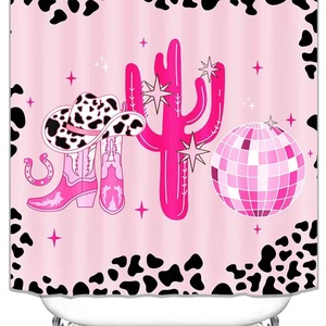Cortina de Ducha de Poliéster con Diseño de Cactus Rosa y Botas Vaqueras, Cortina de Baño con Impresión Digital, Impermeable, Personalizada, Moderna, al por Mayor - Product Image 4