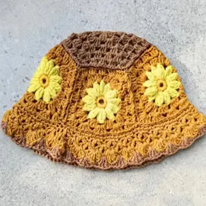 F-2567 thời trang mùa xuân mùa hè tay Crochet xô hat với hoa hướng dương Daisy người phụ nữ rộng vành Sun ngư dân xô mũ cổ điển mũ