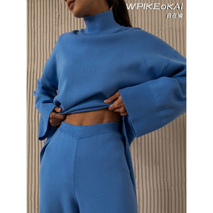 半高领毛衣针织阔腿裤两件套欧美2025年ins不规则斜边时尚 - Product Image 1