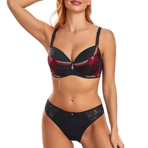 Multi Color Embroidered Bra Stitching Mesh High Elastic Sexy Comfortable  Sexy Lingerie Four Piece Set Women