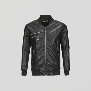 <b>Men</b> Leather Jacket Stand Collar <b>Zip</b> Up Bomber Style Water Resistant Windproof Casual Outerwear Custom Logo - Product Image 3