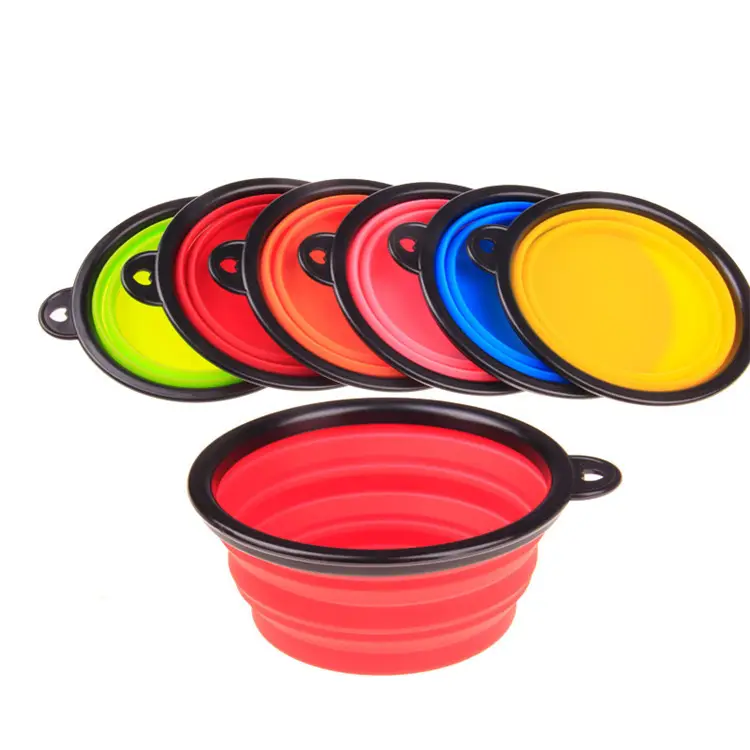 Portable Multi Colors Food Grade Foldable Collapsible Silicone Pet Dog Food Bowl with Carabiner Clip for Travel