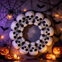 Guirlande de porte vintage d'horreur avec squelette et crâne en plastique, ornement de fête gothique pour Halloween, pour la maison, le jardin ou la fenêtre