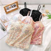 Camisole d'été brodée de sequins pour femme, sexy, dos nu, avec coussinets de poitrine, haut, sous-vêtement, débardeur
