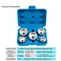 Lot de 5 clés à douille pour filtre à huile, entraînement 3/8, chromées, 6 points, 24mm, 27mm, 32mm, 36mm, 38mm, outil de démontage de filtre, étui rigide