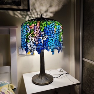 Lámpara de Mesa LED de 14'' con Diseño Europeo y Motivo de Glicinia China, Estilo Tiffany, Vidrio Artístico Hecho a Mano, Alimentación CA, Pantalla Azul para Cafetería - Product Image 1