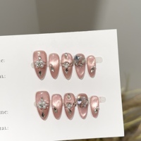 Faux ongles à presser faits main de luxe, motif fleur 3D, perle, rose nude, réutilisables, forme amande, à coller