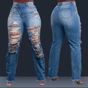 Pantalones <span class=keywords><strong>vaqueros</strong></span> elásticos de pierna recta a la moda para <span class=keywords><strong>mujer</strong></span>, <span class=keywords><strong>Vaqueros</strong></span> rasgados con flecos rasgados para primavera - Product Image 2
