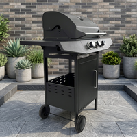 Cuisinière à gaz propane noire pour extérieur avec grande surface de cuisson, rangement en armoire et tables de préparation latérales