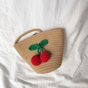Summer <b>Straw</b> Woven Bucket <b>Bag</b> With Cherry Applique Oval Shape Zipper Closure Beach Portable Bohemian Style Women's Shoulder <b>Bag</b> - Product Image 3