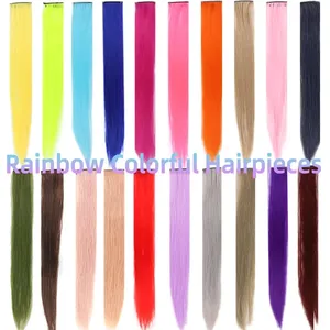 Colored Highlight 22 Inch Synthetic Hair Extensions <b>Rainbow</b> Long Straight Hairpieces for Women Kids Girls Purple Pink Blue - Product Image 1