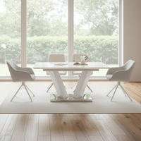 Table à manger rectangulaire moderne de style nordique minimaliste avec cadre en acier inoxydable blanc, plateau en marbre, hauteur réglable pour la maison et l'hôtel