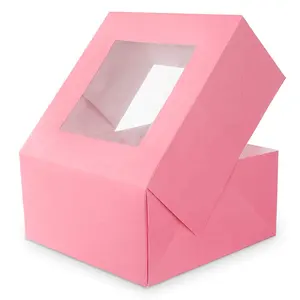 Pink Printed Wedding Cake Boxes with Window Food Paperboard CMYK Paper Box for Dessert Cakes Donut Packaging Free Design Folders